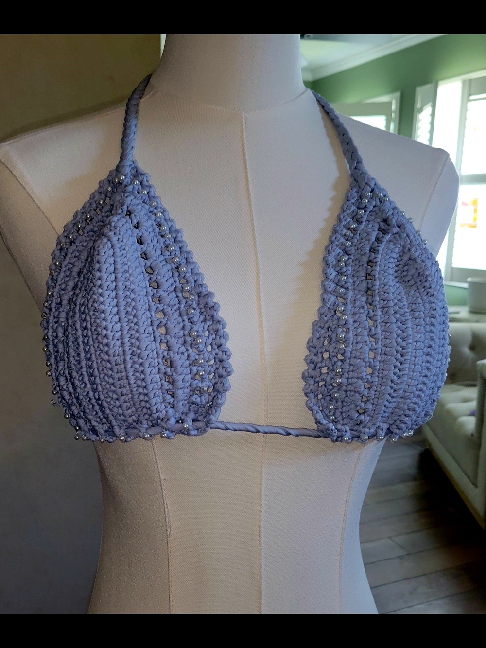 Sky BLUE  Crochet Beaded Triangle Bandeau Bralette with Hand Sewn Pearls